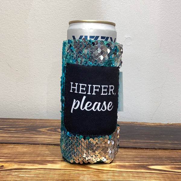 Peachy Keen Heifer Please Turquoise Sequins Can Coolers For Slim Can-Can & Bottle Sleeves-Sunshine and Wine Boutique