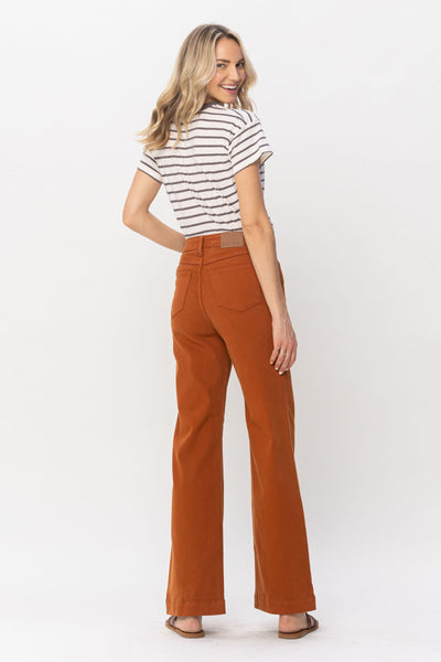 Judy Blue High Waist Auburn Orange Garment Dyed Wide Leg Denim 88498-Jeans-Sunshine and Wine Boutique