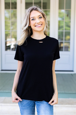 Southern Grace Easily Enjoyed Distressed Short Sleeve Crewneck Top, Black-Shirts & Tops-Sunshine and Wine Boutique