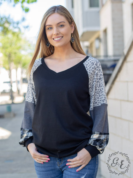 Southern Grace Leader of the Pack Waffle Raglan Top with Balloon Long Sleeve, Black-Shirts & Tops-Sunshine and Wine Boutique
