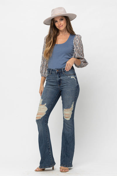 Judy Blue High Waist Tall Knee Destroyed Flare Denim 88480-Jeans-Sunshine and Wine Boutique