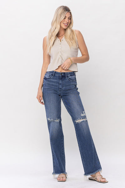 Judy Blue High Waist W/ Knee Destroy Straight Denim 82498-Jeans-Sunshine and Wine Boutique