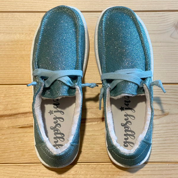 Gypsy Jazz Kid's "Lil Holly Glitter" Turquoise Slip-on Shoes-Shoes-Sunshine and Wine Boutique