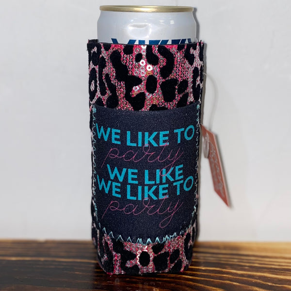 Peachy Keen We Like To Party Pink Sequin Black Leopard Slim Can Cooler with Pocket-Can & Bottle Sleeves-Sunshine and Wine Boutique