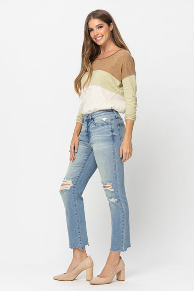 Judy Blue Mid Rise Tinted Wash & Destroy Crop Straight Denim 88512-Jeans-Sunshine and Wine Boutique