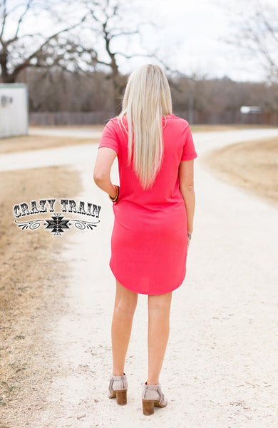Crazy Train Line Drive Short Sleeve Ribbed Dress with Pockets, Coral-Dresses-Sunshine and Wine Boutique