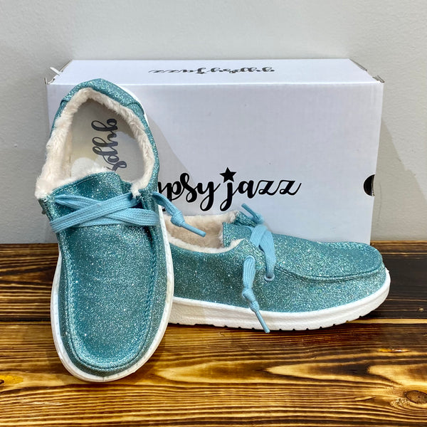 Gypsy Jazz Kid's "Lil Holly Glitter" Turquoise Slip-on Shoes-Shoes-Sunshine and Wine Boutique