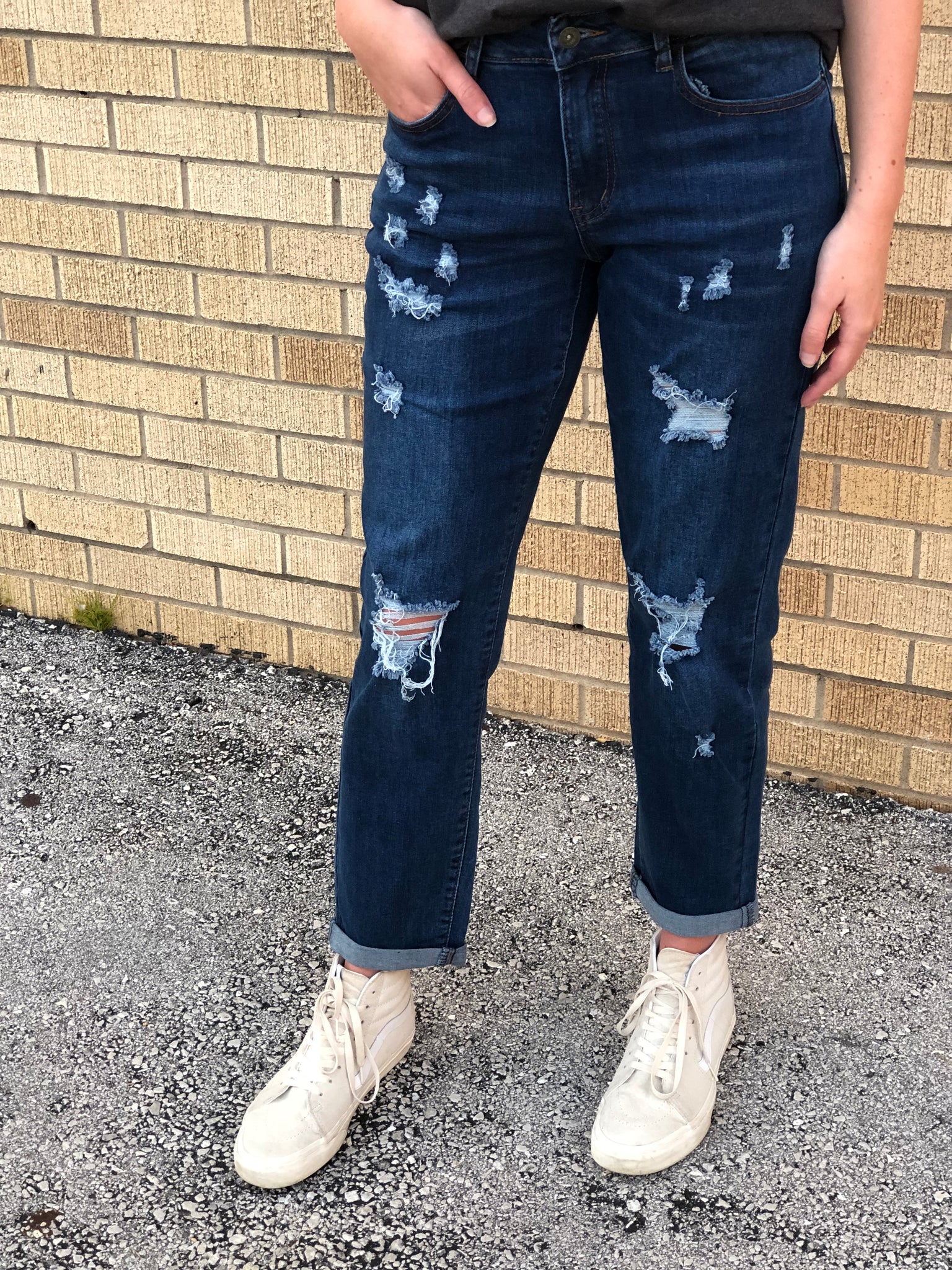 Lucky & Blessed Mid-Rise Dark Wash Ripped Boyfriend Denim Jeans L20064-R-Jeans-Sunshine and Wine Boutique