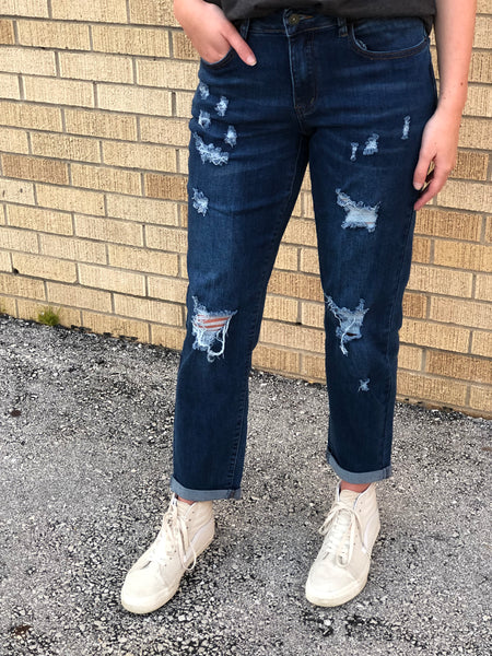Lucky & Blessed Mid-Rise Dark Wash Ripped Boyfriend Denim L20064-R-Jeans-Sunshine and Wine Boutique