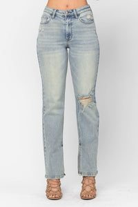 Judy Blue High Waist Destroy & Inseam Slit Straight Denim 88511-Jeans-Sunshine and Wine Boutique