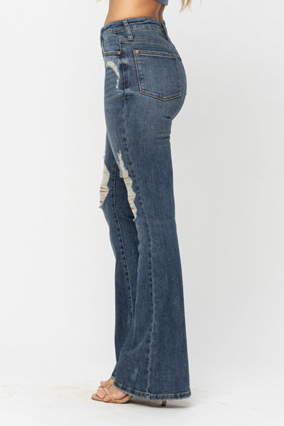 Judy Blue High Waist Tall Knee Destroyed Flare Denim 88480-Pants-Sunshine and Wine Boutique