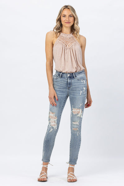 Judy Blue Mid Rise Lace Patch Skinny Denim 88432-Jeans-Sunshine and Wine Boutique
