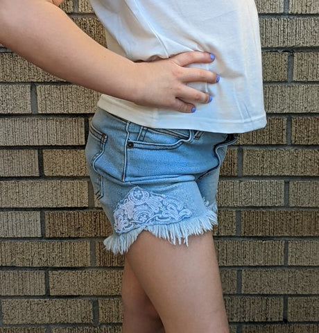 Lucky & Blessed Girl's Light Wash Crochet Lace Side Shorts-Clothing-Sunshine and Wine Boutique