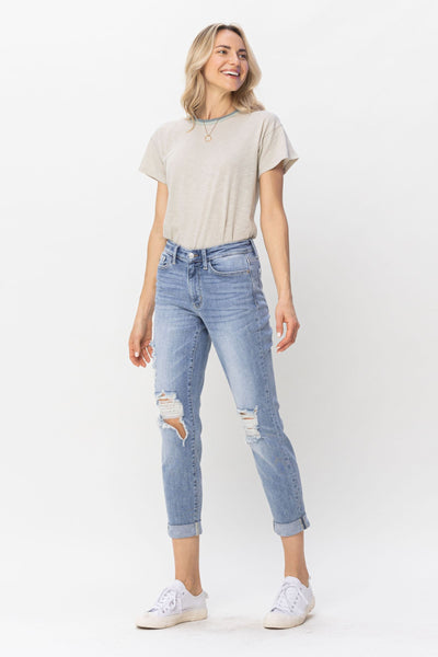 Judy Blue Mid Rise Double Cuff Destroyed Boyfriend Denim 82458-Jeans-Sunshine and Wine Boutique