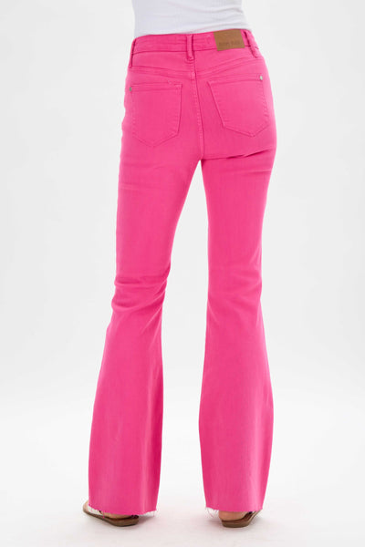 Judy Blue High Waist Pink Garment Dyed Cut Hem Flare Denim 88618-Pants-Sunshine and Wine Boutique