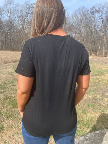 Southern Grace Easily Enjoyed Distressed Short Sleeve Crewneck Top, Black-Shirts & Tops-Sunshine and Wine Boutique