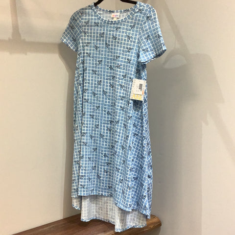 LuLaRoe Carly Short Sleeve High Low Dress Size XXS, Blue Paper Airplanes-Shirts & Tops-Sunshine and Wine Boutique