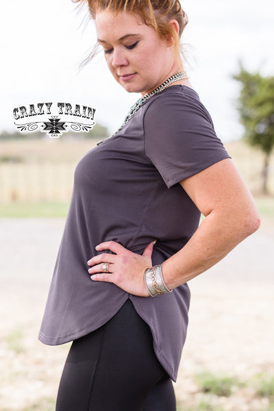 Crazy Train Solid Choice Short Sleeve Top, Charcoal-Shirts & Tops-Sunshine and Wine Boutique