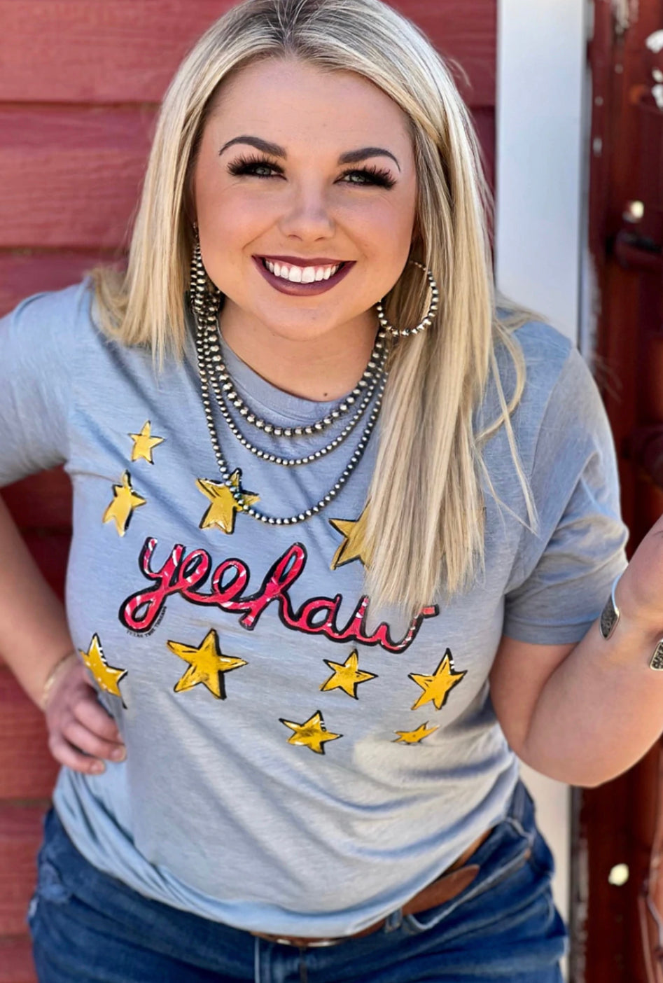 Texas True Threads "Yeehaw" Stars Tee, Grey-Clothing-Sunshine and Wine Boutique