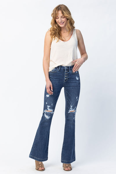 Judy Blue Mid Rise Button Fly Flare Denim 82430-Pants-Sunshine and Wine Boutique