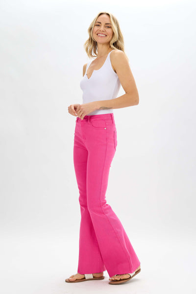 Judy Blue High Waist Pink Garment Dyed Cut Hem Flare Denim 88618-Jeans-Sunshine and Wine Boutique