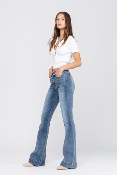 Judy Blue Mid Rise Trouser Flare Denim 82163-Pants-Sunshine and Wine Boutique
