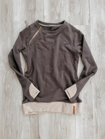 Ampersand Kid’s Side Zip Pullover, Charcoal & Dusty Mauve-Baby & Toddlers Tops-Sunshine and Wine Boutique