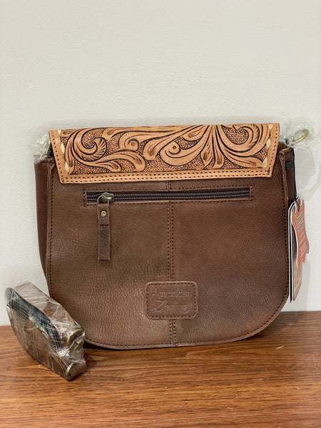 American Darling ADBGA211A Tooled Leather Hair on Hide Crossbody Purse, Brown-Purse-Sunshine and Wine Boutique
