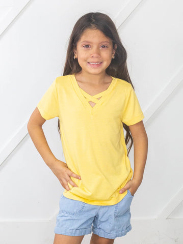Southern Grace Girl's Tangled V-Neck Basics, Yellow-Baby & Toddlers Tops-Sunshine and Wine Boutique