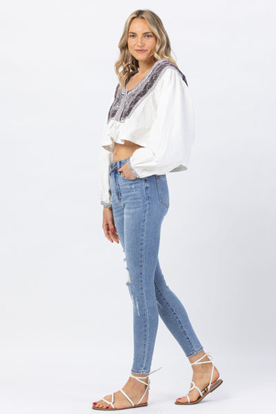 Judy Blue High Waist Destroyed "Control Top" Tummy Control Skinny Denim 88426-Jeans-Sunshine and Wine Boutique