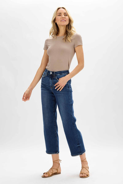 Judy Blue High Waist Medium Destroyed Pocket Wide Leg Denim 82497-Jeans-Sunshine and Wine Boutique