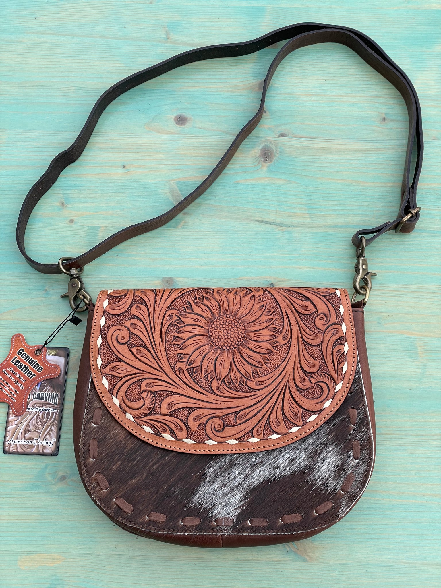 American Darling ADBGA211A Tooled Leather Hair on Hide Crossbody Purse, Brown-Purse-Sunshine and Wine Boutique