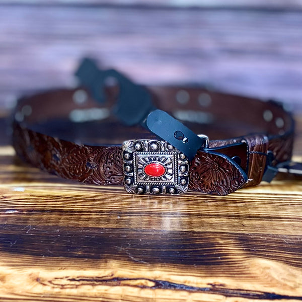 Lucky & Blessed Girl’s Genuine Leather Belt, Brown with Red Conchos-Belts-Sunshine and Wine Boutique
