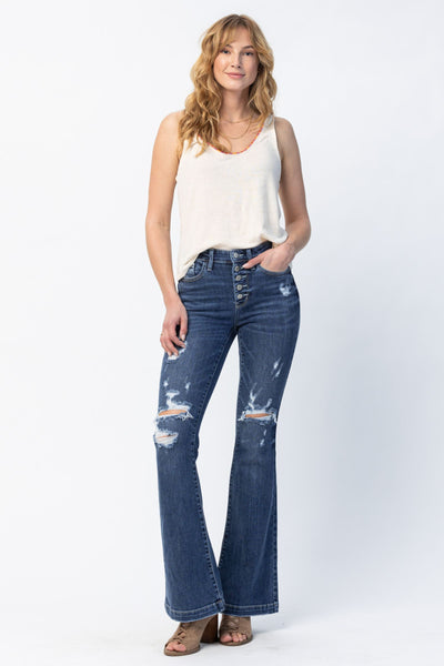 Judy Blue Mid Rise Button Fly Flare Denim 82430-Pants-Sunshine and Wine Boutique