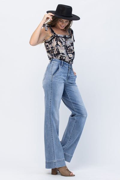 Judy Blue Mid Rise Wide Hem Wide Leg Fit Denim 82401-Jeans-Sunshine and Wine Boutique
