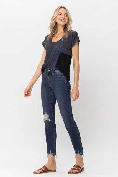 Judy Blue Mid Rise Chopped Hem Relaxed Denim 82446-Jeans-Sunshine and Wine Boutique