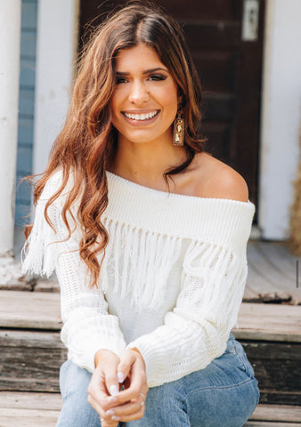 Southern Grace Total Frill Off the Shoulder Fringe Sweater in White-Shirts & Tops-Sunshine and Wine Boutique