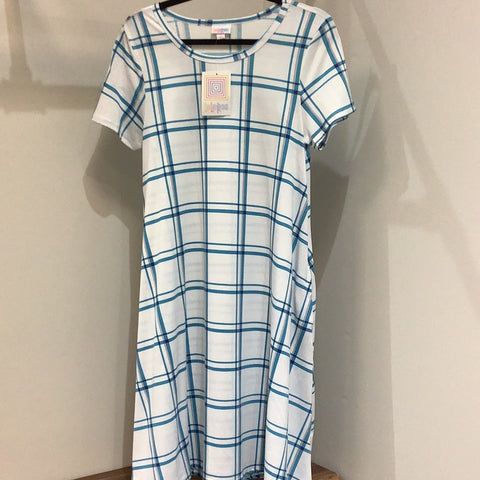 LuLaRoe Jessie Short Sleeve Dress with Pockets Size Small Blue & White Plaid-Dresses-Sunshine and Wine Boutique