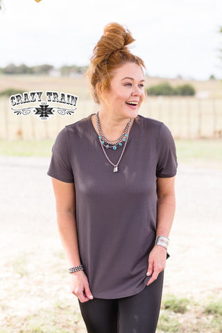 Crazy Train Solid Choice Short Sleeve Top, Charcoal-Shirts & Tops-Sunshine and Wine Boutique