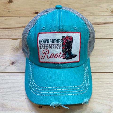 Southern Grace Down Home Country Roots patch on Turquoise Hat-Hats-Sunshine and Wine Boutique