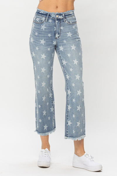 Judy Blue High Waist Star Print Cropped Straight Denim 88573-Jeans-Sunshine and Wine Boutique