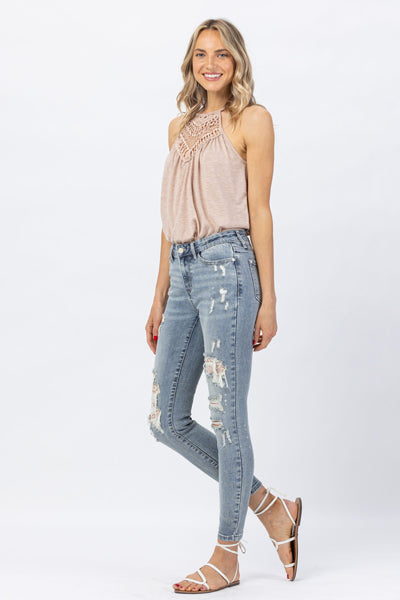 Judy Blue Mid Rise Lace Patch Skinny Denim 88432-Jeans-Sunshine and Wine Boutique