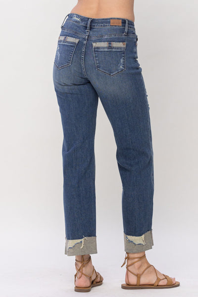 Judy Blue Mid Rise & Single Cuff Dad Jean Straight Denim 88580-Jeans-Sunshine and Wine Boutique