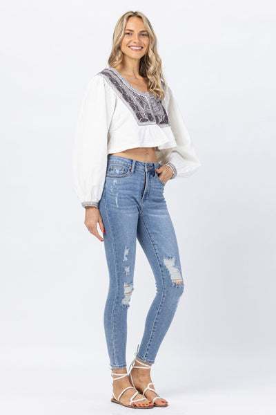 Judy Blue High Waist Destroyed "Control Top" Tummy Control Skinny Denim 88426-Jeans-Sunshine and Wine Boutique