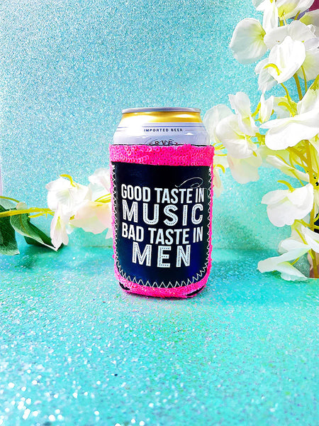 Peachy Keen Good Taste In Music Bad Taste In Men Neon Pink Sequin Regular Can Cooler-Can & Bottle Sleeves-Sunshine and Wine Boutique