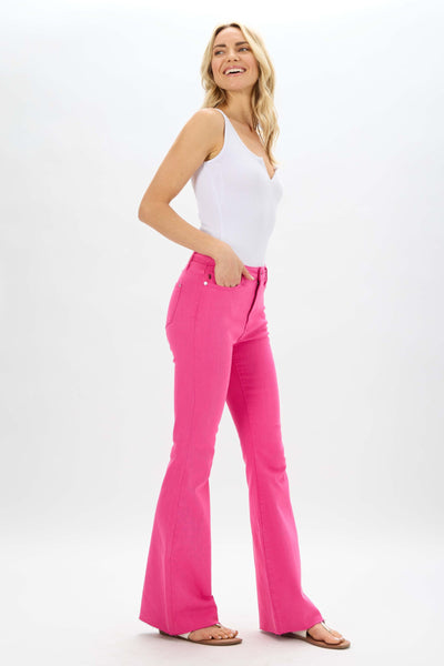 Judy Blue High Waist Pink Garment Dyed Cut Hem Flare Denim 88618-Pants-Sunshine and Wine Boutique