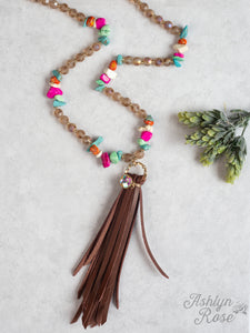 Ashlyn Rose Colorfully Western Tassel Necklace with Multi Colored Stones, Brown-Necklaces-Sunshine and Wine Boutique