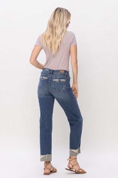Judy Blue Mid Rise & Single Cuff Dad Jean Straight Denim 88580-Pants-Sunshine and Wine Boutique
