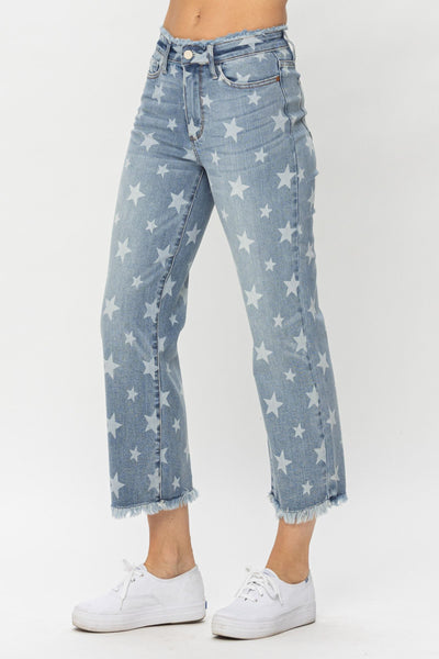 Judy Blue High Waist Star Print Cropped Straight Denim 88573-Jeans-Sunshine and Wine Boutique