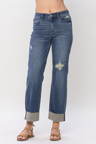 Judy Blue Mid Rise & Single Cuff Dad Jean Straight Denim 88580-Pants-Sunshine and Wine Boutique
